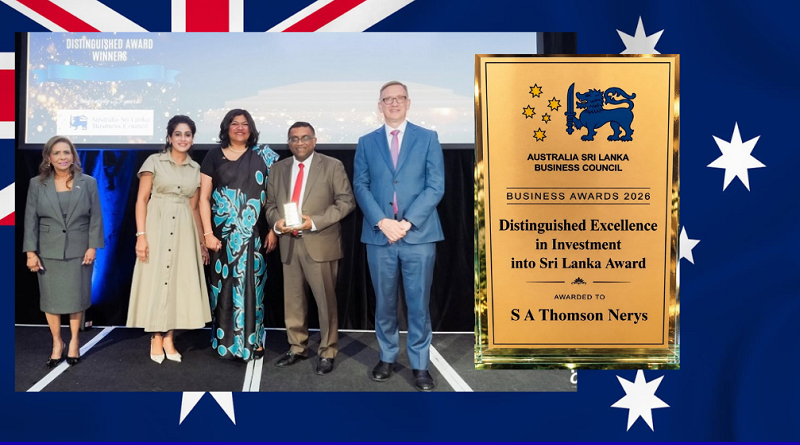 S A Thomson Nerys honoured at Australia Sri Lanka Business Council Business Awards 2026.